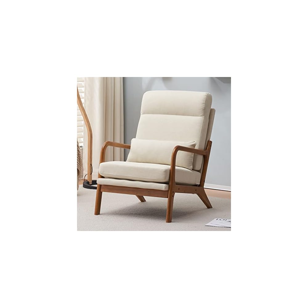 Mid Century Modern Accent Chair with High Back Waist Cushion, Upholstered Living Room Chairs for Reading, Relaxing, Entertaining, Wood Frame Armchair for Bedroom, Sunroom, Balcony (Pink)