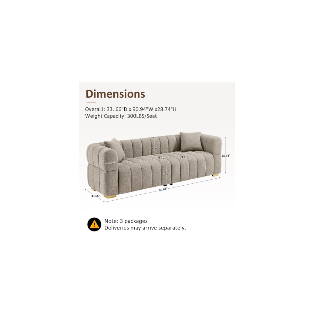 VANOMi 90.9" Boucle 3-Seater Deep Seat Sofa, Oversized Cloud Couch, Taupe