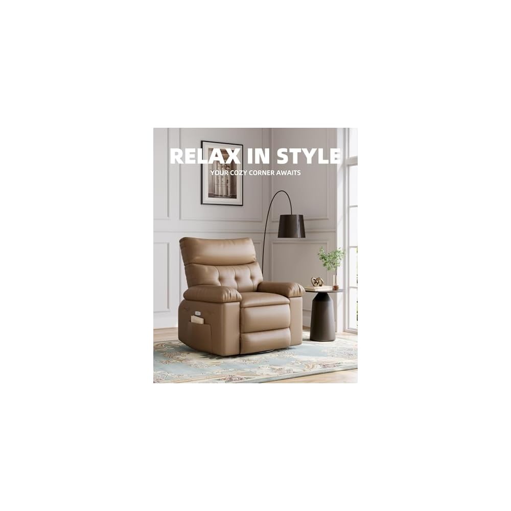 GarveeHome Electric Swivel Massage Chair, Power Rocking Recliner with Vibration and Heating, Overstuffed PU Leather Single Sofa with USB Port and Storage, Glider for Living Room Nursery