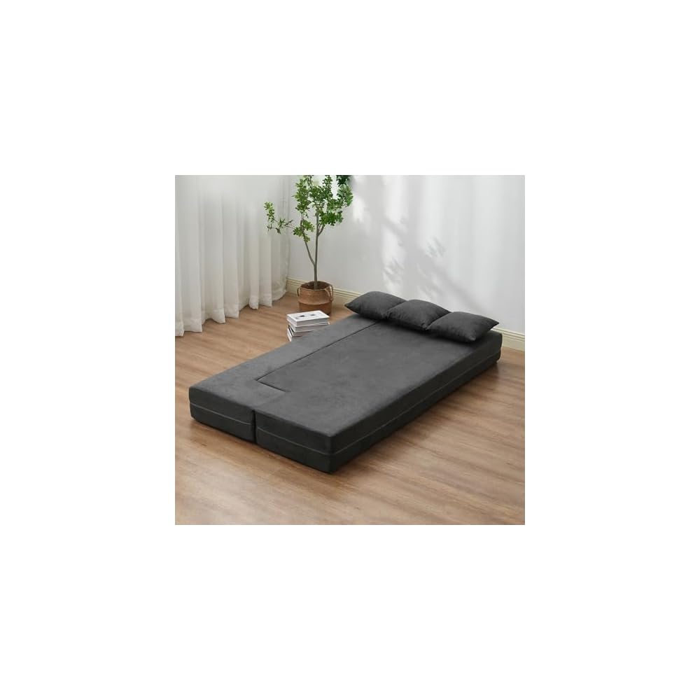VEVOR Folding Sofa Bed, 3-in-1 Foldable Couch Bed with 3 Pillows and Washable Cover, 25D High Density Memory Foam Convertible Sleeper Chair Bed, Futon Couch, Dark Grey(Twin XL)