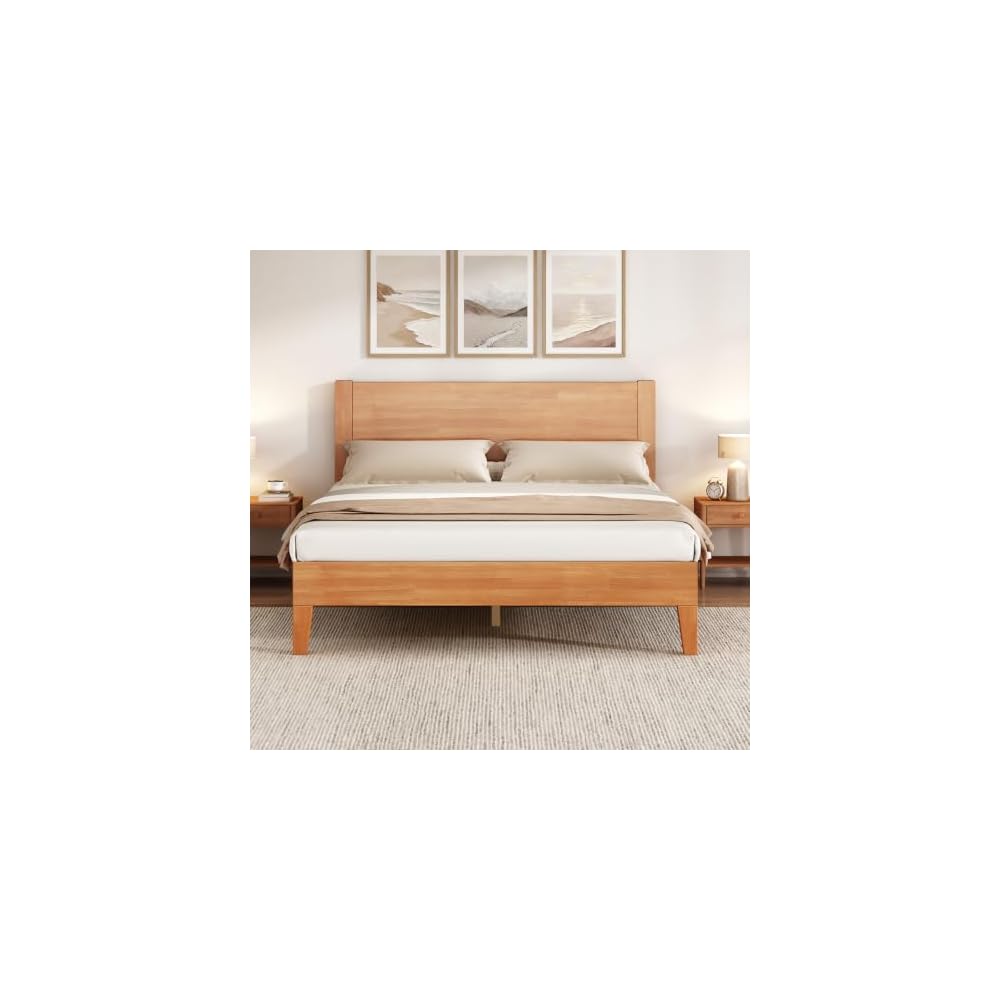 Solid Wood Queen Bed Frame with Headboard, Rubberwood Platform Bed