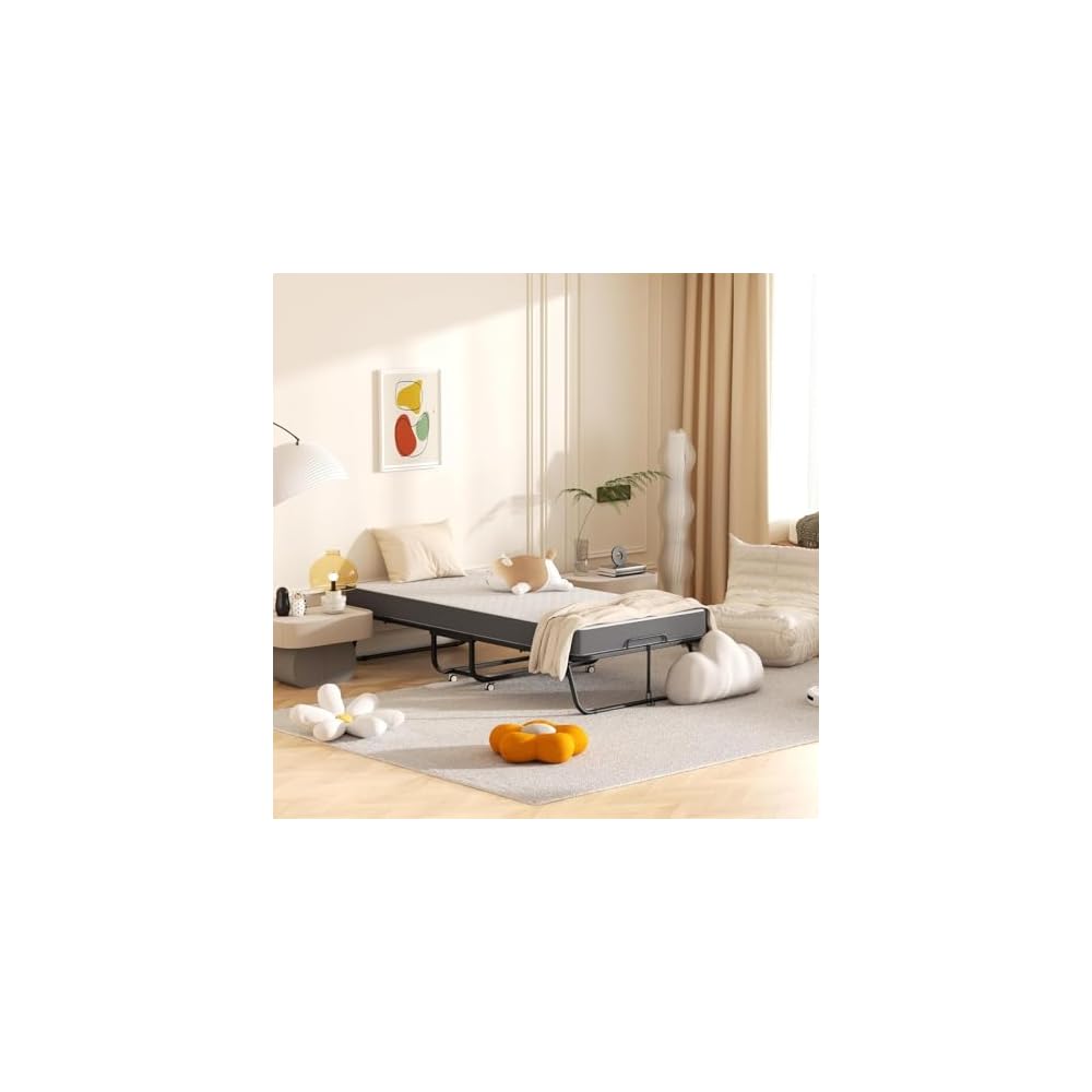 SUNCROWN 75” x 38” Folding Bed with Mattress, Portable Rollaway Twin Folded Beds, Space-Saving Sturdy Metal Frame, Fold up Bed with 5" Memory Foam Mattress, Hideaway, Fold Up, Roll Away