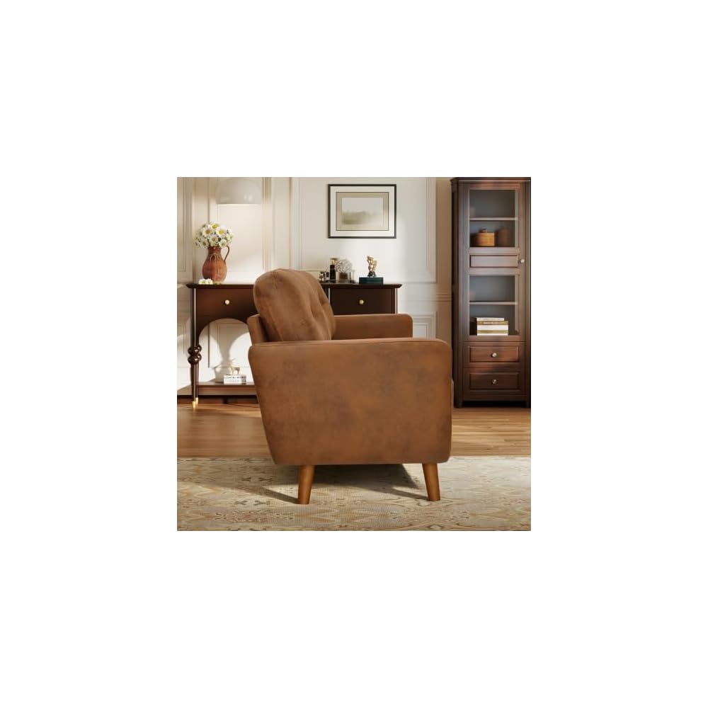 65" Small Loveseat Sofa, Mid Century Modern Love Seat Couch with Solid Wood Legs, Button Tufted Upholstered Mini Couches for Bedroom, Living Room, Office, Small Spaces, Easy to Install, Light Brown
