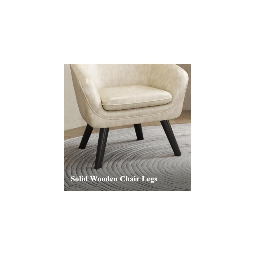 Leather Mid-Century Accent Chair Single Sofa Comfy Chairs Leisure Chair with Armrests and Wood Legs,Guest Reception Chair for Office,Side Armchairs(Khaki)