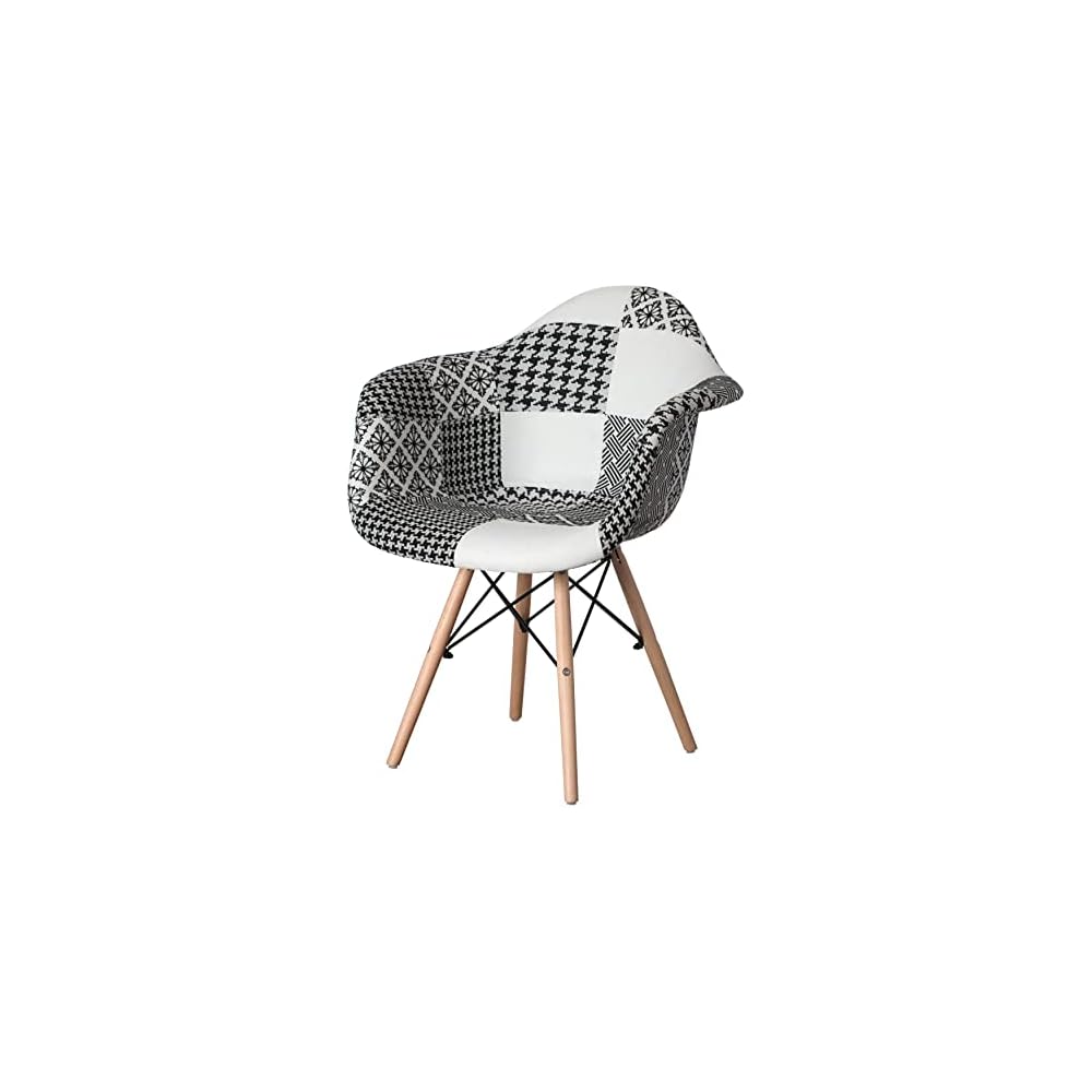 Mid-Century Modern Fabric Arm Chairs Set of 2, Barrel Accent Chairs for Living Room, Beech Wooden Legs, Black and White