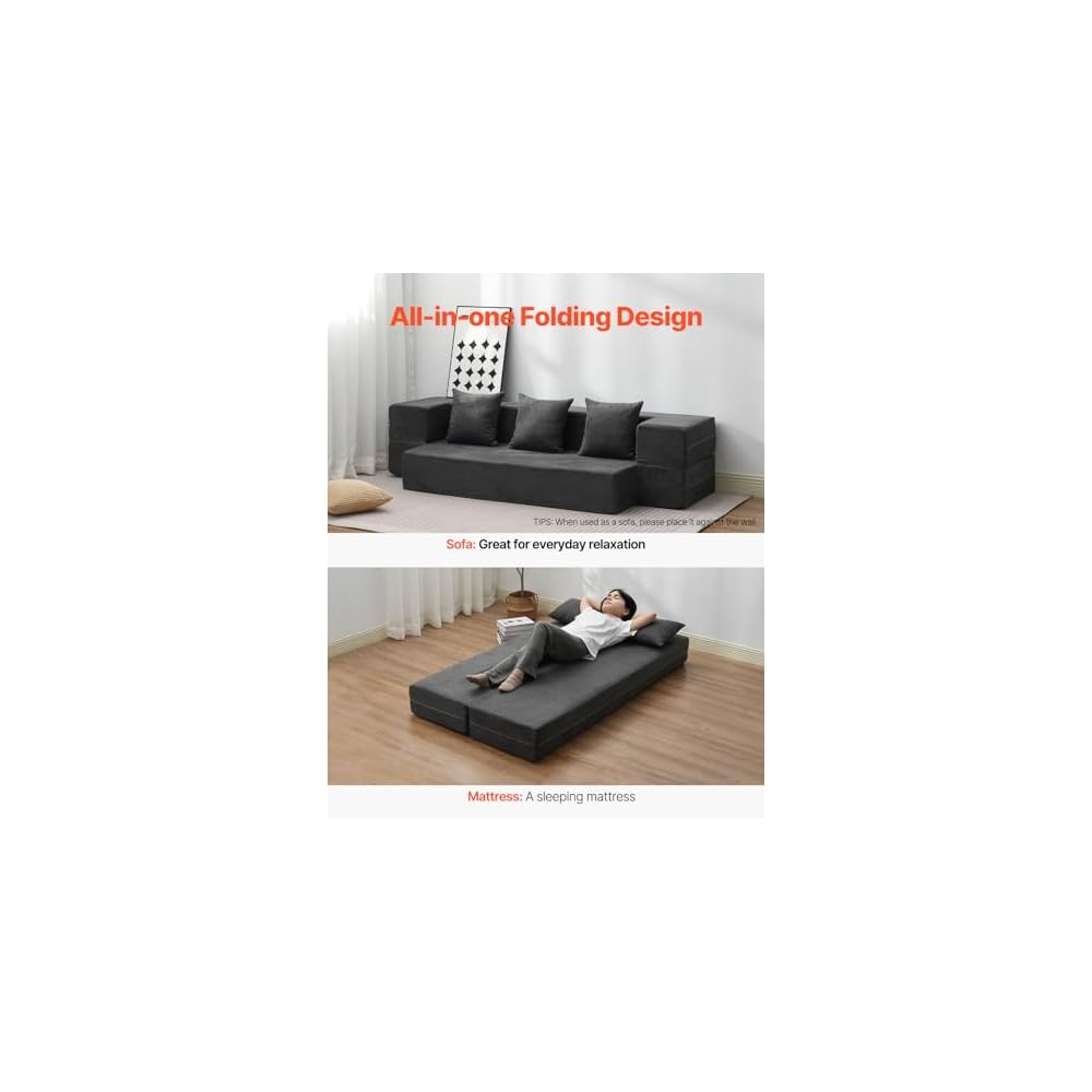 VEVOR Folding Sofa Bed, 3-in-1 Foldable Couch Bed with 3 Pillows and Washable Cover, 25D High Density Memory Foam Convertible Sleeper Chair Bed, Futon Couch, Dark Grey(Twin XL)