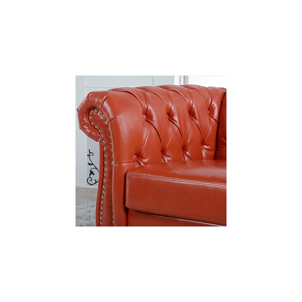 GDFStudio 39" Chesterfield Tufted Sofa Chair, Midcentury Modern 1 Seater Couch with Deep Seat Cushions, Accent Strip, Rolled Arms & Solid Wood Legs, PU Leather Accent Sofa for Living Room, Orange