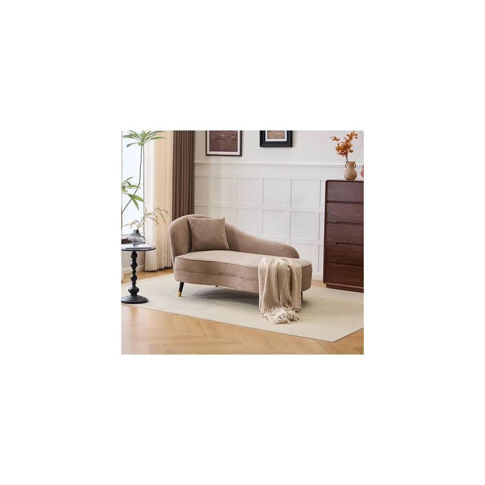 Merax 61" Velvet Curved Chaise Lounge Indoor with Pillow, Mid-Century Modern Upholstered Chaise Lounge Sofa with Left Armrest & Pillows, Wood Leg, Fainting Couch Sleeper Sofa for Living Room, Camel