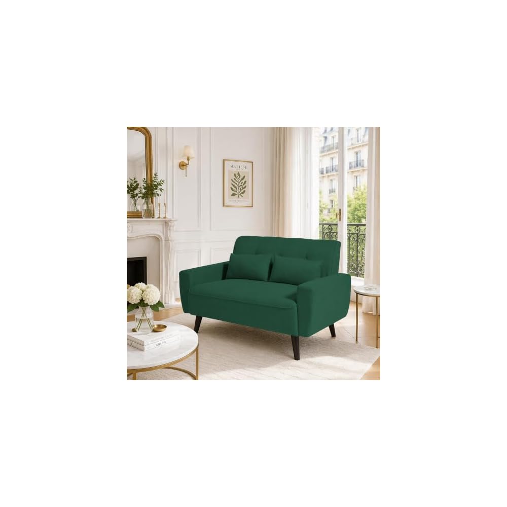 48" Small Loveseat Sofa, Mid Century Modern Love Seat Couch with Back Cushions and Plastic Legs, 2 Seater Couches for Living Room, Bedroom, Small Spaces, Green