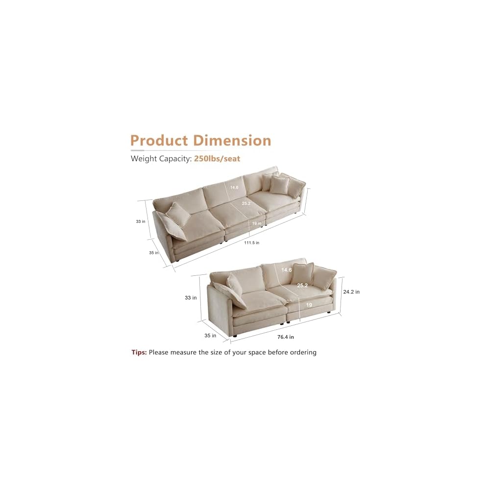 mikibama Luxury Oversized 3 Piece Sofa Set, 2 Pieces of 2 Seater and 1 Piece of 3 Seater Sofa, Modern Chenille Comfy Cloud Couches Set with 13 Pillow for Living Room Office, Light Coffee