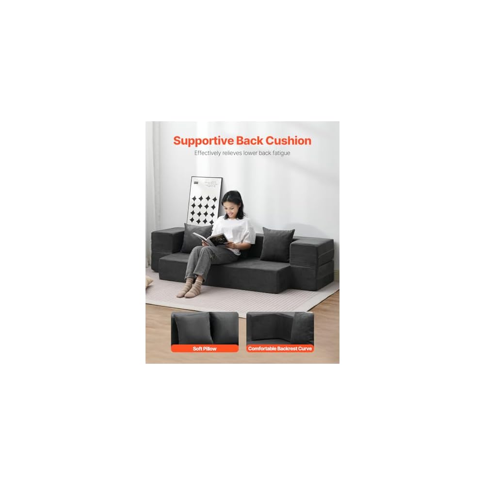 VEVOR Folding Sofa Bed, 3-in-1 Foldable Couch Bed with 3 Pillows and Washable Cover, 25D High Density Memory Foam Convertible Sleeper Chair Bed, Futon Couch, Dark Grey(Twin XL)