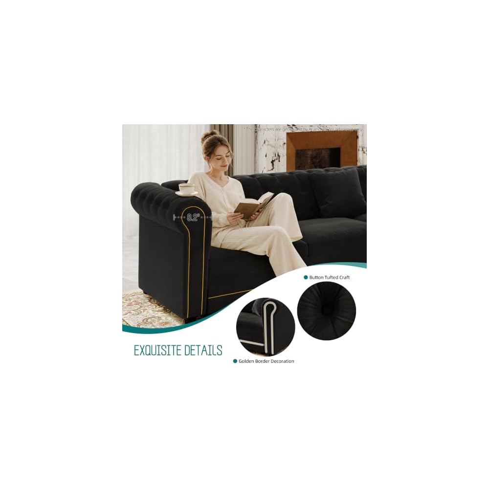HANXIN 115.3" L-Shaped Sofa Couch with Pull Out Bed, Oversize Convertible Sectional Sleeper Sofa with Button Tufted & Rolled Arm, 6 Seat Velvet Upholstered Couches for Living Room(Black)