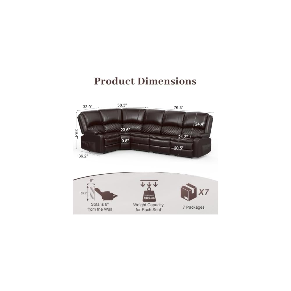 Manual Reclining Sectional Sofa Set, 5 Seats 1+1+3 Leather Reclining