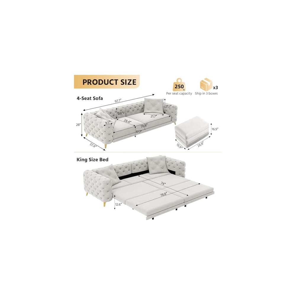 97.7'' Pull Out Sofa Bed King, Chesterfield Velvet Sleeper Sofa, Convertible L-Shaped Futon Couch, Tufted Back, Ottoman, Deep Seat Loveseat Couches for Living Room, Apartment, Light Gray