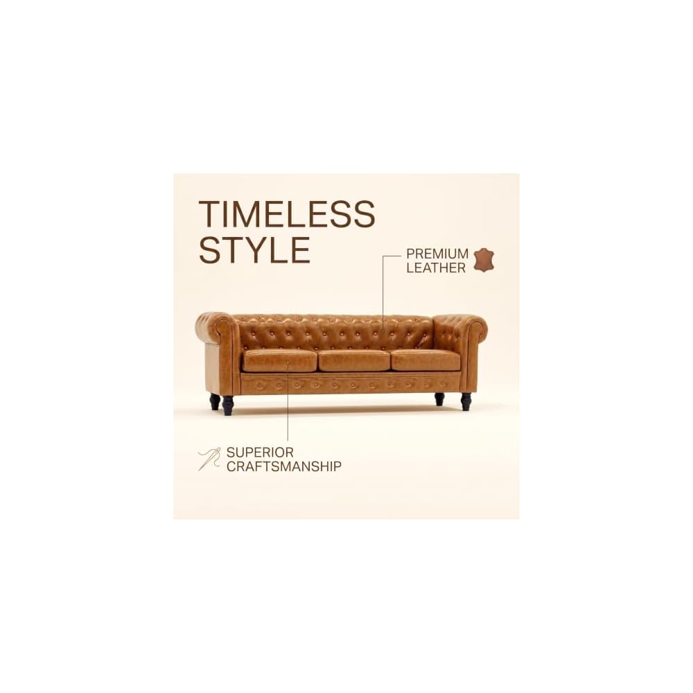 Modern Chesterfield Button-Tufted Couch, 88" Light Brown PU Leather 3 Seater Sofa, Home Luxury Upholstered Sofa Deep Seat Couch for Living Room Apartment Home Office