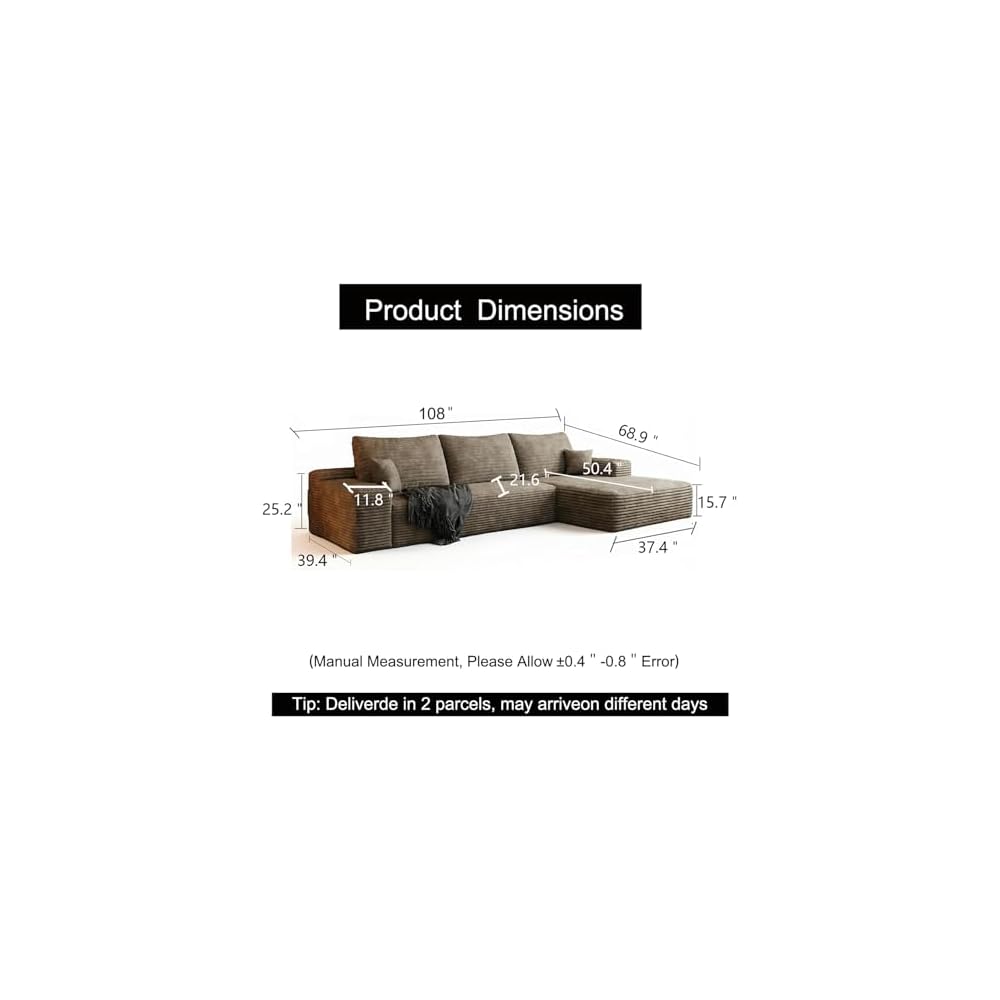 108" L-Shaped Sectional Corduroy Boneless Couch with Chaise, Modern Modular Couches for Living Room Apartments, Upholstered Cloud Sofa with Deep Seat, No Assembly Required (Camel, Right Facing Chaise)