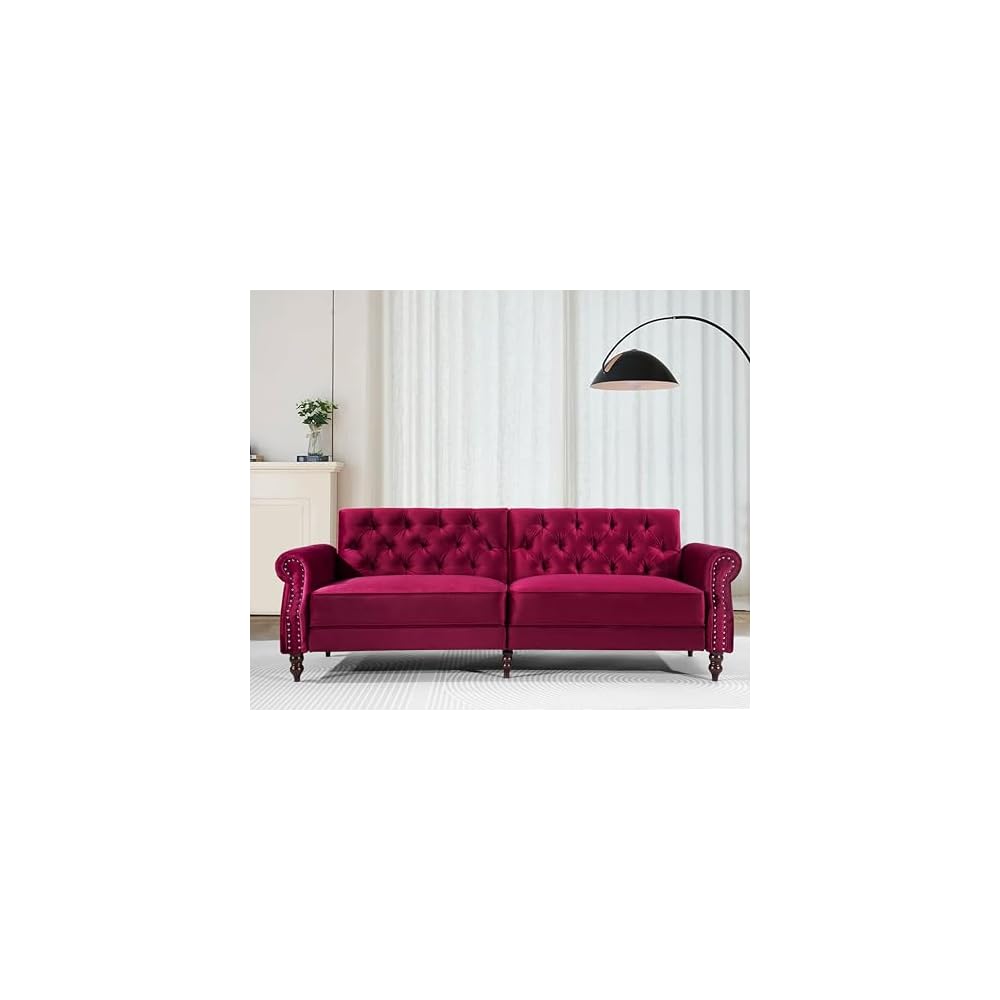 Legend Vansen 87.8 inchs Convertible Velvet Bed Sleeper Futon Sofas, Wine Red