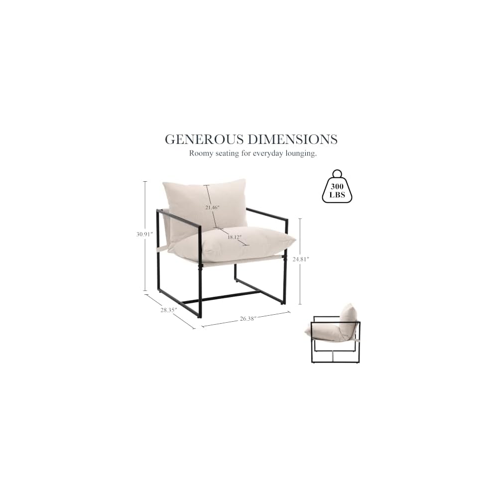 Modern Accent Chair, Upholstered Reading Sling Chair with Metal Frame and Soft Cushion,Stylish Lounge Armchair for Living Room, Bedroom or Office Seating, Ivory