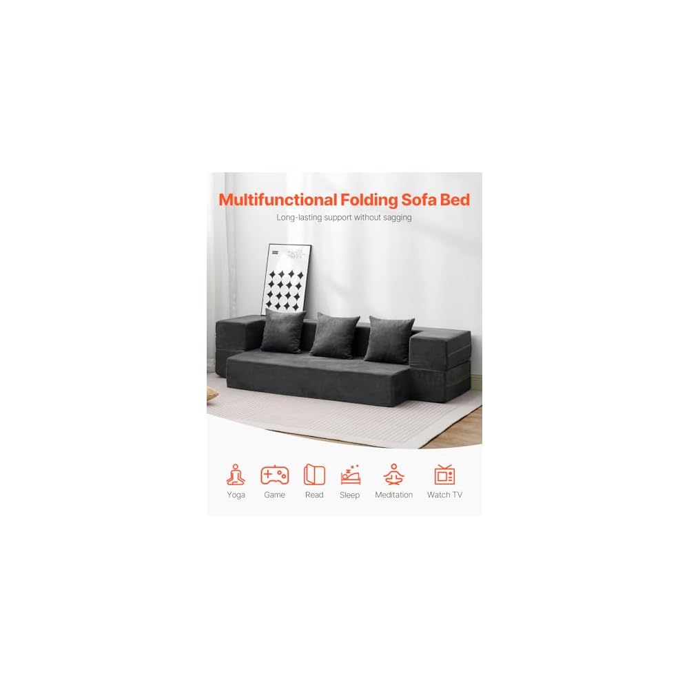 VEVOR Folding Sofa Bed, 3-in-1 Foldable Couch Bed with 3 Pillows and Washable Cover, 25D High Density Memory Foam Convertible Sleeper Chair Bed, Futon Couch, Dark Grey(Twin XL)