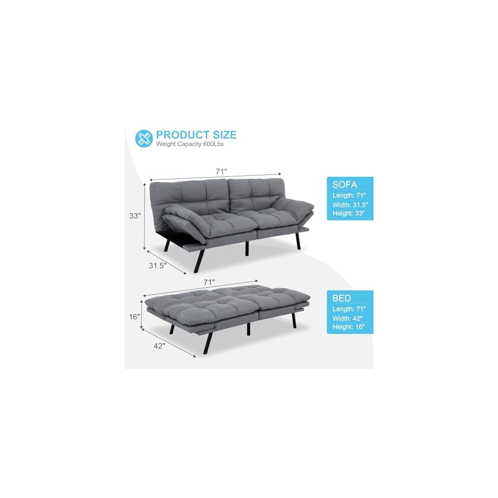 MUUEGM Futon Sofa Bed Couch - Convertible Sofa Bed, Loveseat Sleeper Sofa with Adjustable Backrest, Memory Foam Folding Futon for Living Room, Small Space, Apartment,Light Grey
