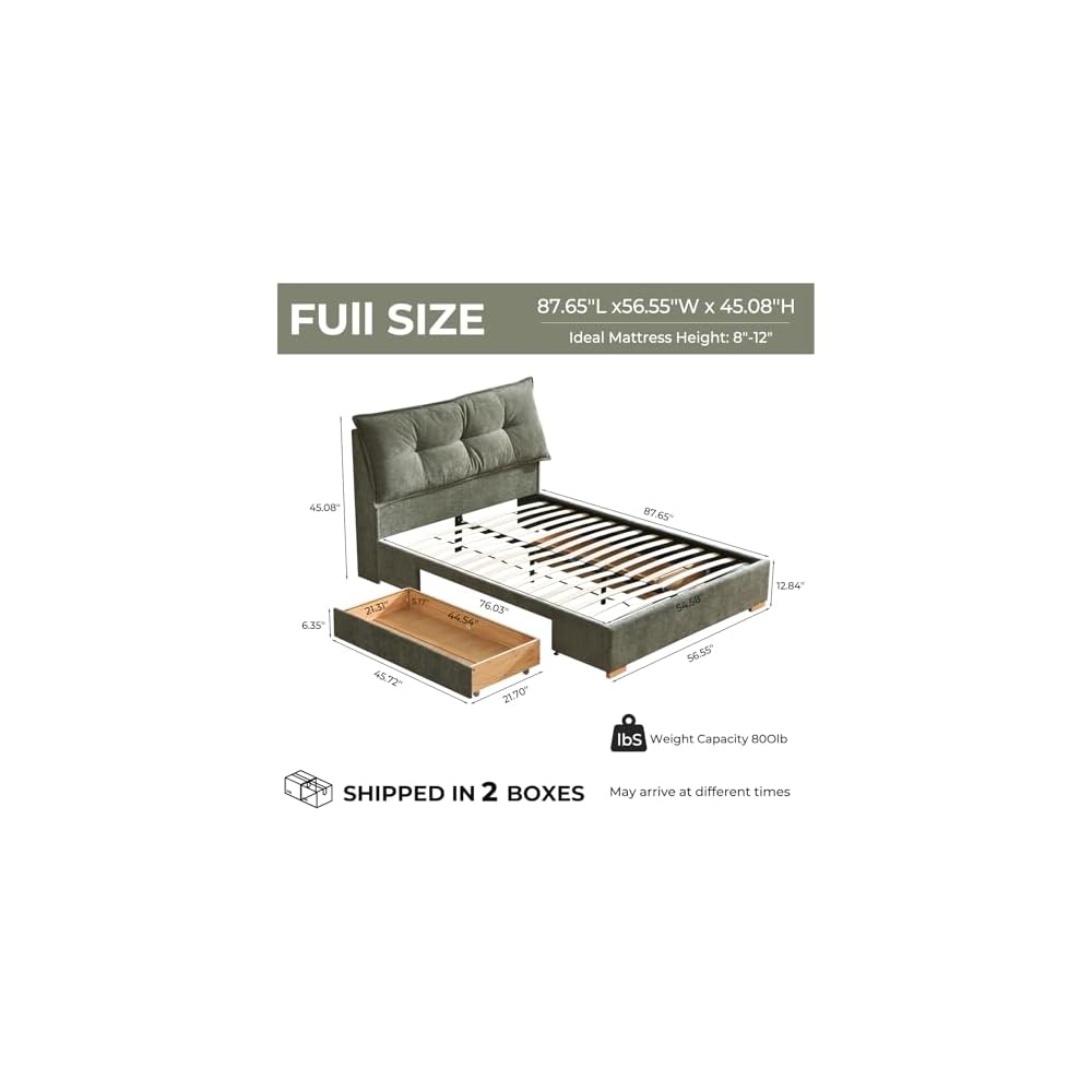 VELOCAVA Full Size Upholstered Bed Frame with 2 Drawers Storage, Platform Bed with Soft & Cushioned Headboard, Sturdy Wood Slats, Underbed Storage, No Box Spring Needed, Sage Green