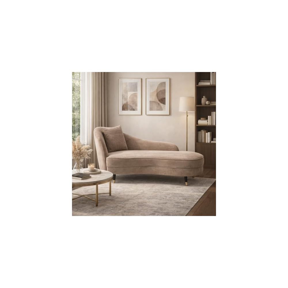 Merax 61" Velvet Curved Chaise Lounge Indoor with Pillow, Mid-Century Modern Upholstered Chaise Lounge Sofa with Left Armrest & Pillows, Wood Leg, Fainting Couch Sleeper Sofa for Living Room, Camel