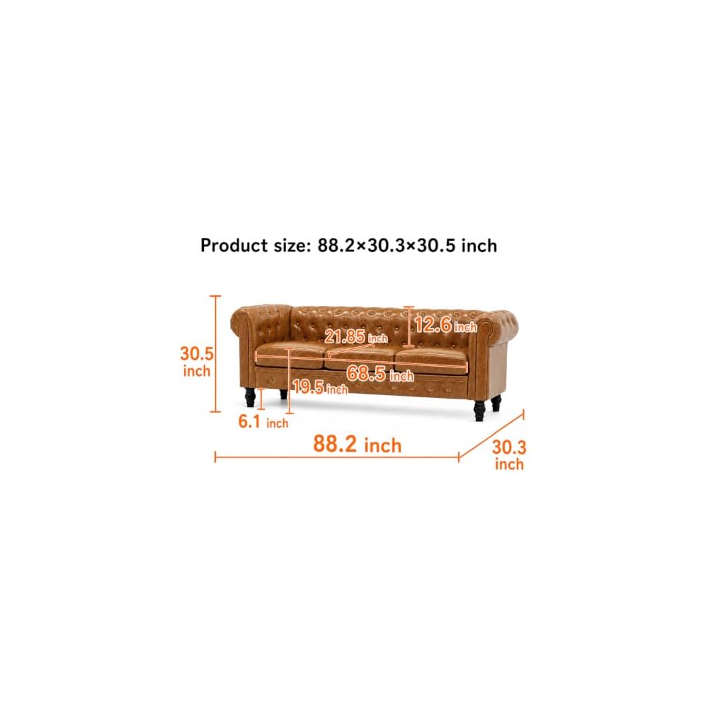Modern Chesterfield Button-Tufted Couch, 88" Light Brown PU Leather 3 Seater Sofa, Home Luxury Upholstered Sofa Deep Seat Couch for Living Room Apartment Home Office