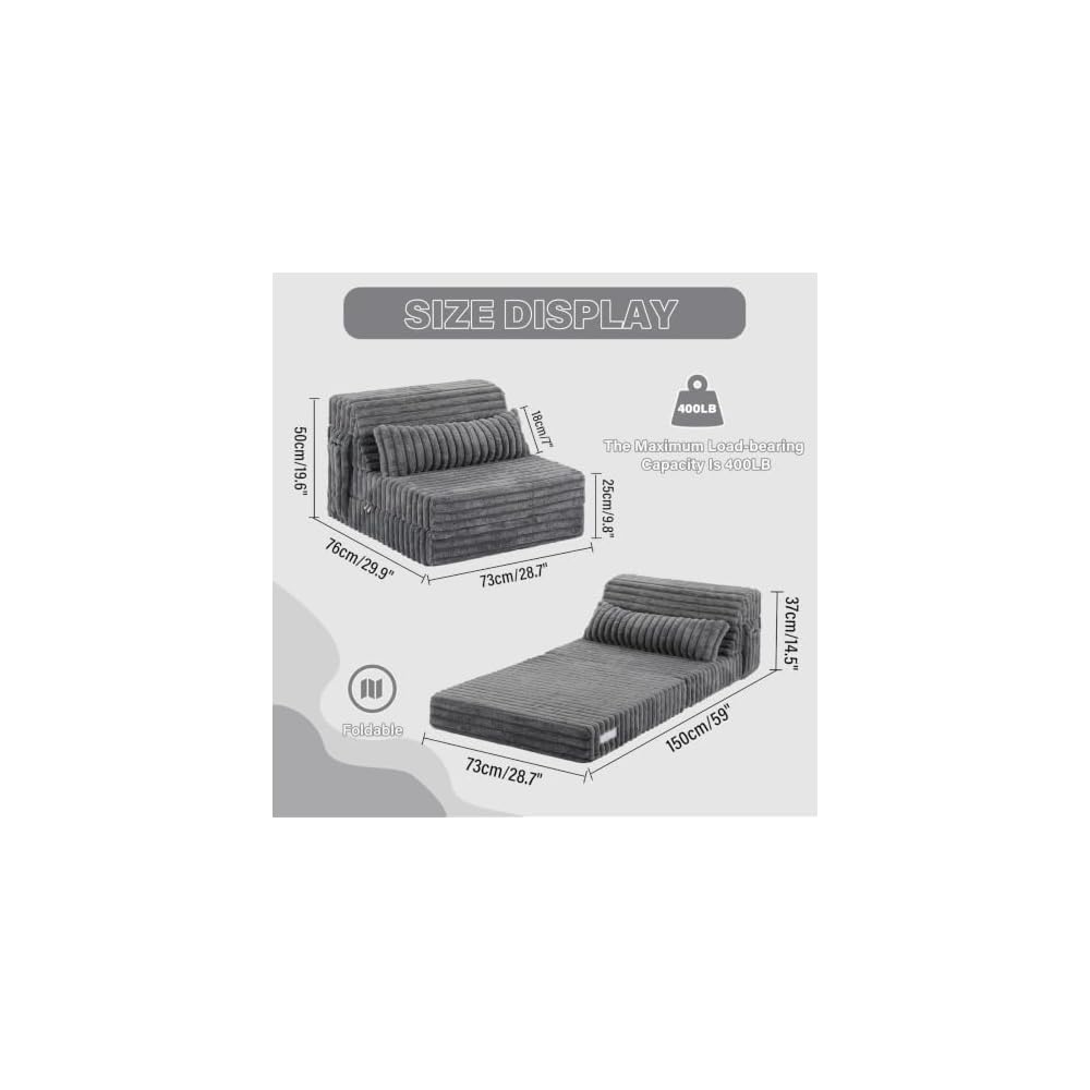 Tiita Folding Sofa Bed Convertible Sleeper Chair Mattress with Pillow & Side Pocket, Thick Corduroy Floor Mattress Couch Bed, Single Size, Grey
