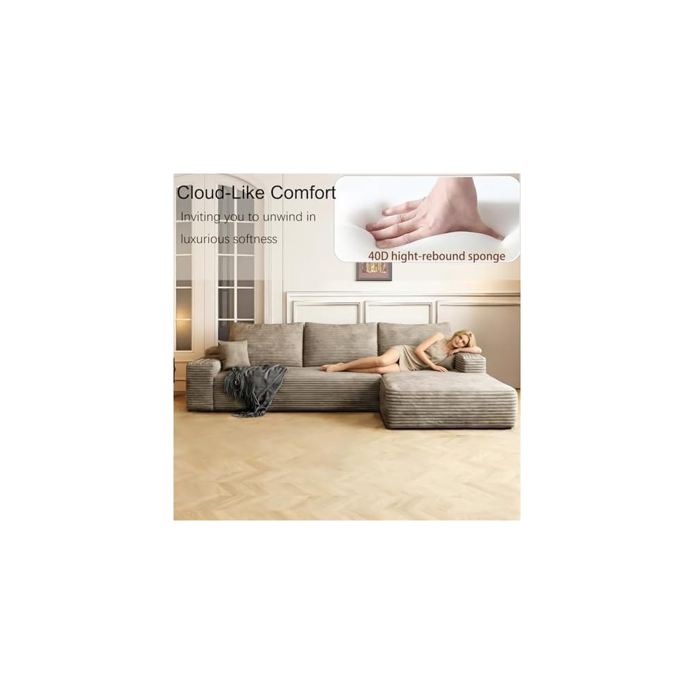 108" L-Shaped Sectional Corduroy Boneless Couch with Chaise, Modern Modular Couches for Living Room Apartments, Upholstered Cloud Sofa with Deep Seat, No Assembly Required (Camel, Right Facing Chaise)