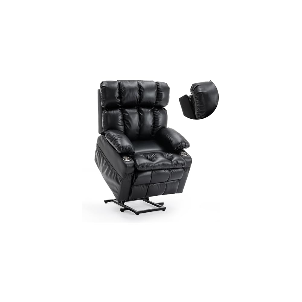 Lay Flat Recliner Lift Chair with Headrest,Infinite Positon Power Lift Recliner Chair for Elderly, Zero Gravity Leather Recliner with Extended Footrest, USB Type C, Cup Holders,Massage and Heat Brown