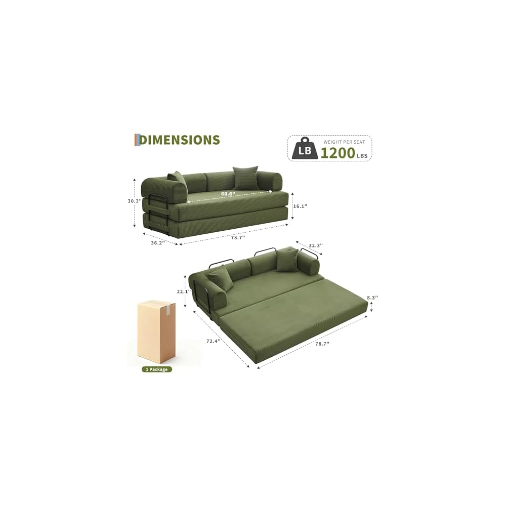 GarveeHome 79" Convertible Sleeper Sofa Bed Couch, 4-in-1 Boneless Corduroy Folding Sofa Bed with Pillow & Fixed-Shape, Floor Mattress Couch Loveseat for Living Room Apartments - No Assembly, Green