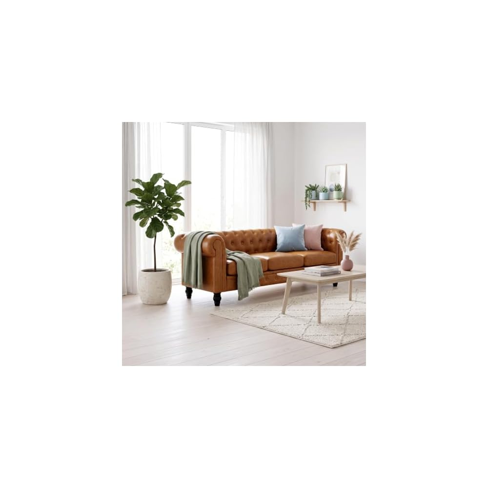 Modern Chesterfield Button-Tufted Couch, 88" Light Brown PU Leather 3 Seater Sofa, Home Luxury Upholstered Sofa Deep Seat Couch for Living Room Apartment Home Office
