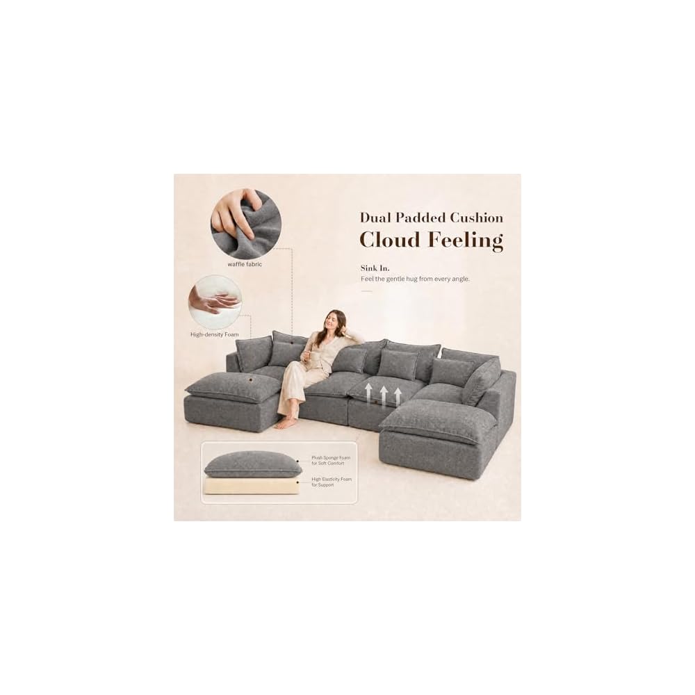 130" Modular Boneless Couch, Oversized U Shaped Sectional Sofa with Deep Seats, Comfy Frameless Cloud Couch in a Box for Living Room, Waffle Fabric 4-Seat + 2 Ottomans, Gray
