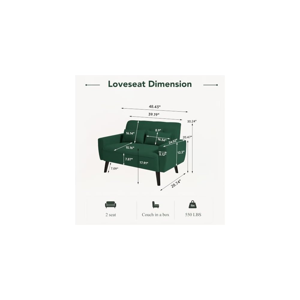 48" Small Loveseat Sofa, Mid Century Modern Love Seat Couch with Back Cushions and Plastic Legs, 2 Seater Couches for Living Room, Bedroom, Small Spaces, Green
