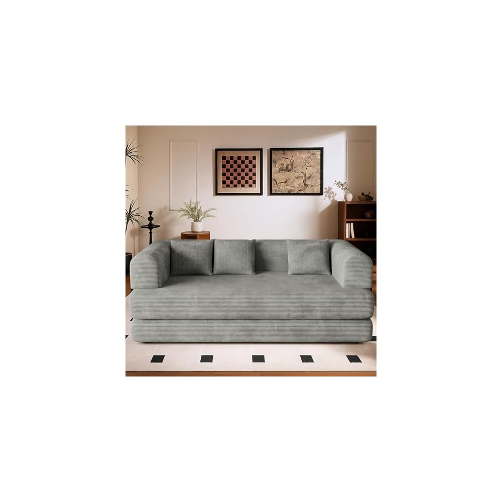 WENTMENT 80‘’Convertible Floor Sofa Bed for Living Room Boneless Couch with Deep Seat, Corduroy Pull Out Sofa Bed with 3 Pillows Bedroom, Apartment, No Assembly,Grey