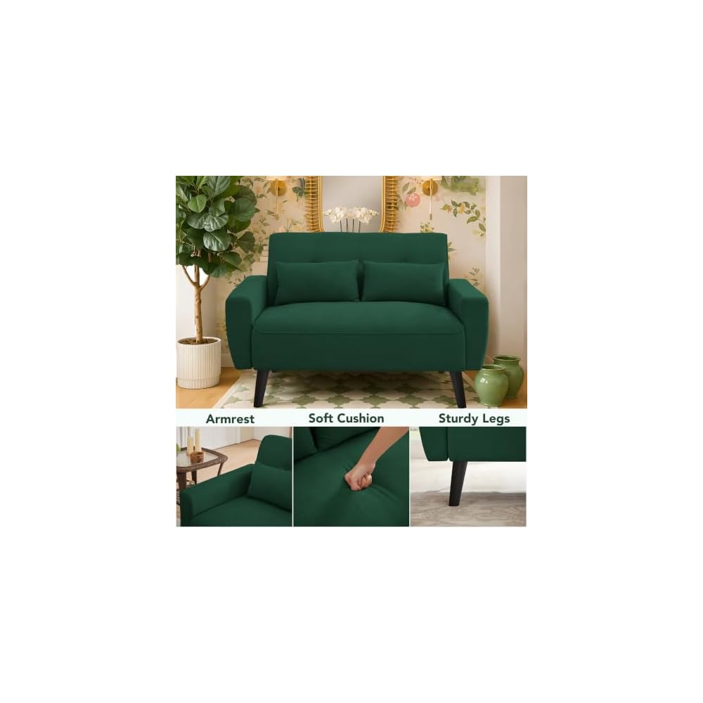 48" Small Loveseat Sofa, Mid Century Modern Love Seat Couch with Back Cushions and Plastic Legs, 2 Seater Couches for Living Room, Bedroom, Small Spaces, Green