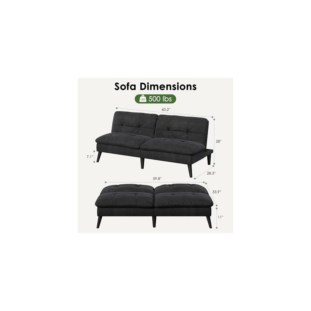 Vongrasig Futon Sofa Bed Velvet Futon Couch with Adjustable Backrest, Small Convertible Folding Sleeper Sofa Bed, Modern Loveseat for Living Room, Bedroom and Small Space, (Black)
