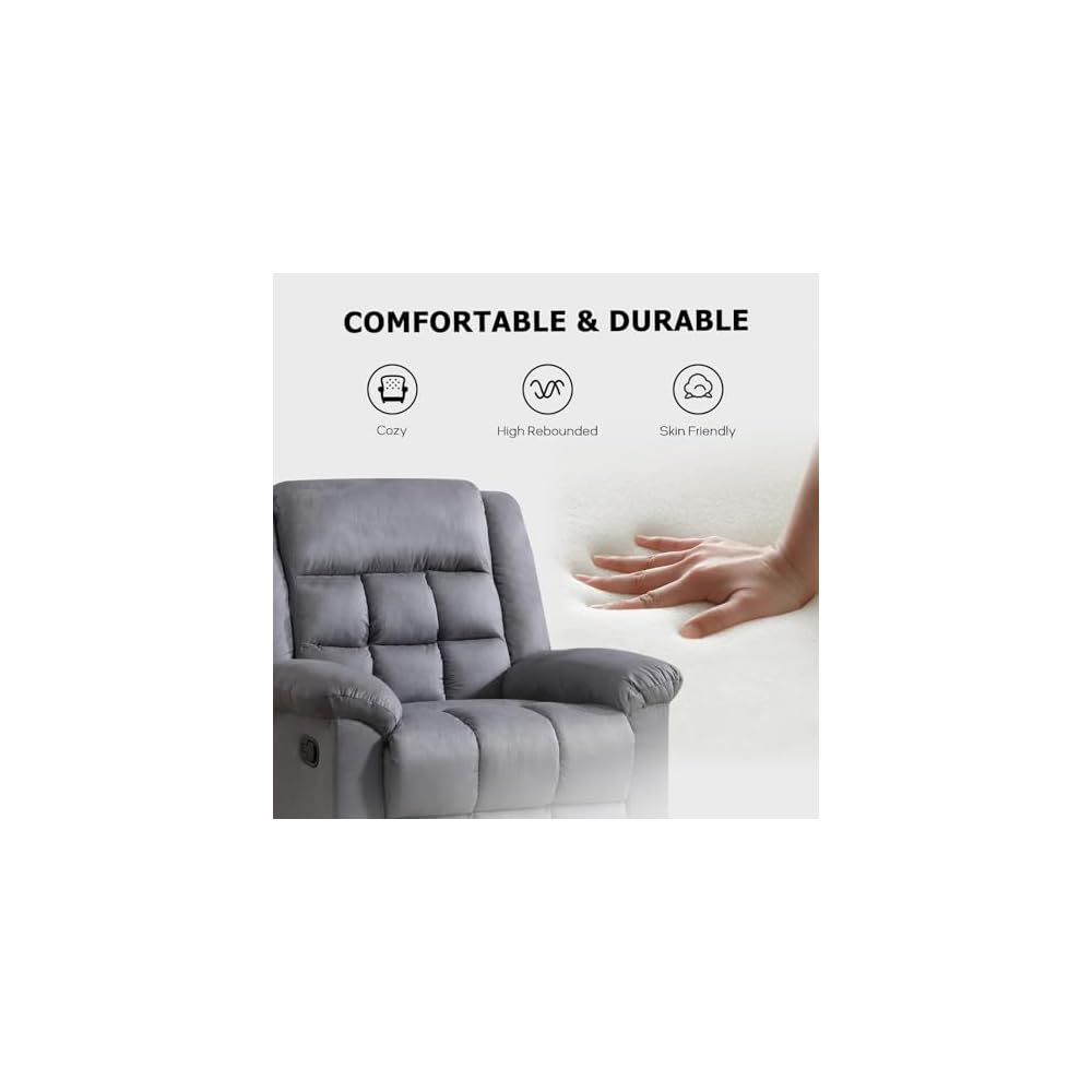 EBELLO Manual 3 Seater Reclining Sofa for Living Room, Soft Fabric Recliner Couch with Padded Headrest and Seat, Reclining Couch for Office, Grey(3-seat Sofa)