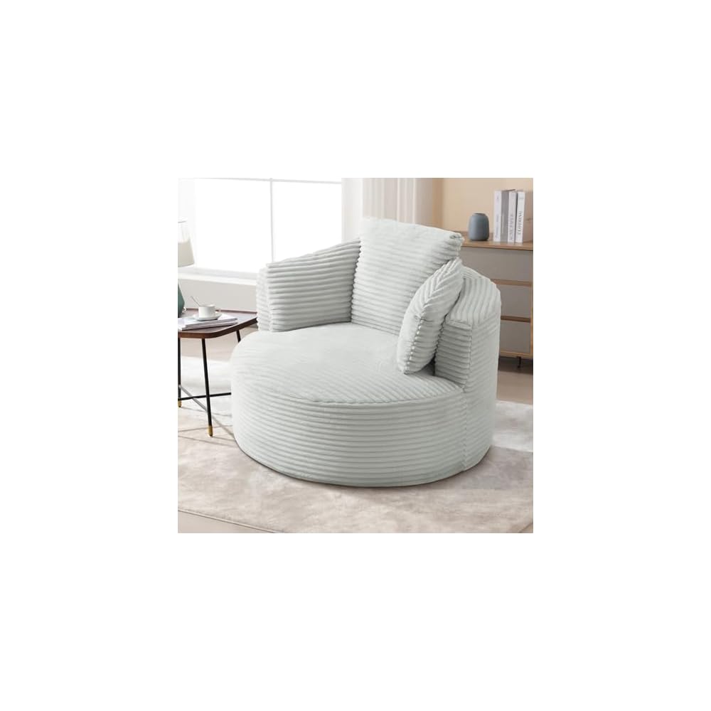 48.8-inch Round Chair, Modern Accent Corduroy Comfy Deep Seat Boneless Foam Floor Single Circle Chaise Sofa Chair with 3 Pillows for Living Room Bedroom Office, No Assembly Required, Light Grey