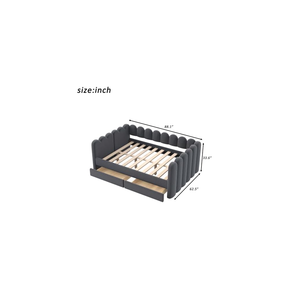 Upholstered Daybed with 2 Storage Drawers, Queen Size Sofa Bed Frame, Gray