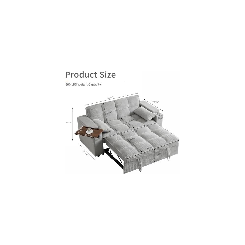 Auvsoce 65'' Convertible Sleeper Sofa Bed with Adjustable Backrest, Chaise Lounge, Side Table & USB/Type-C Ports – Stylish & Functional Addition to Any Living Room (Fashion Light Grey)
