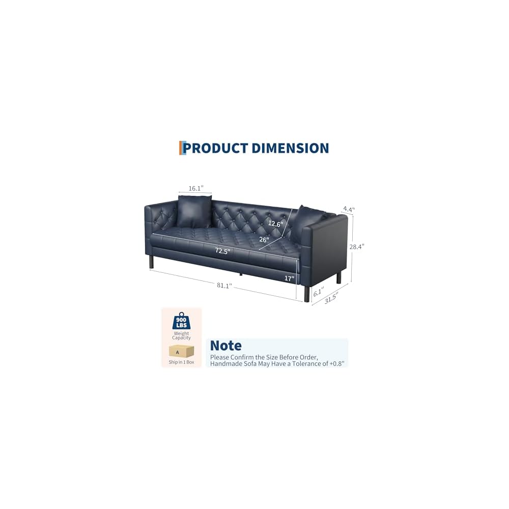 GAOMON 81" Faux Leather Couch,3 Seater Chesterfield Sofa,Button Tufted,Blue