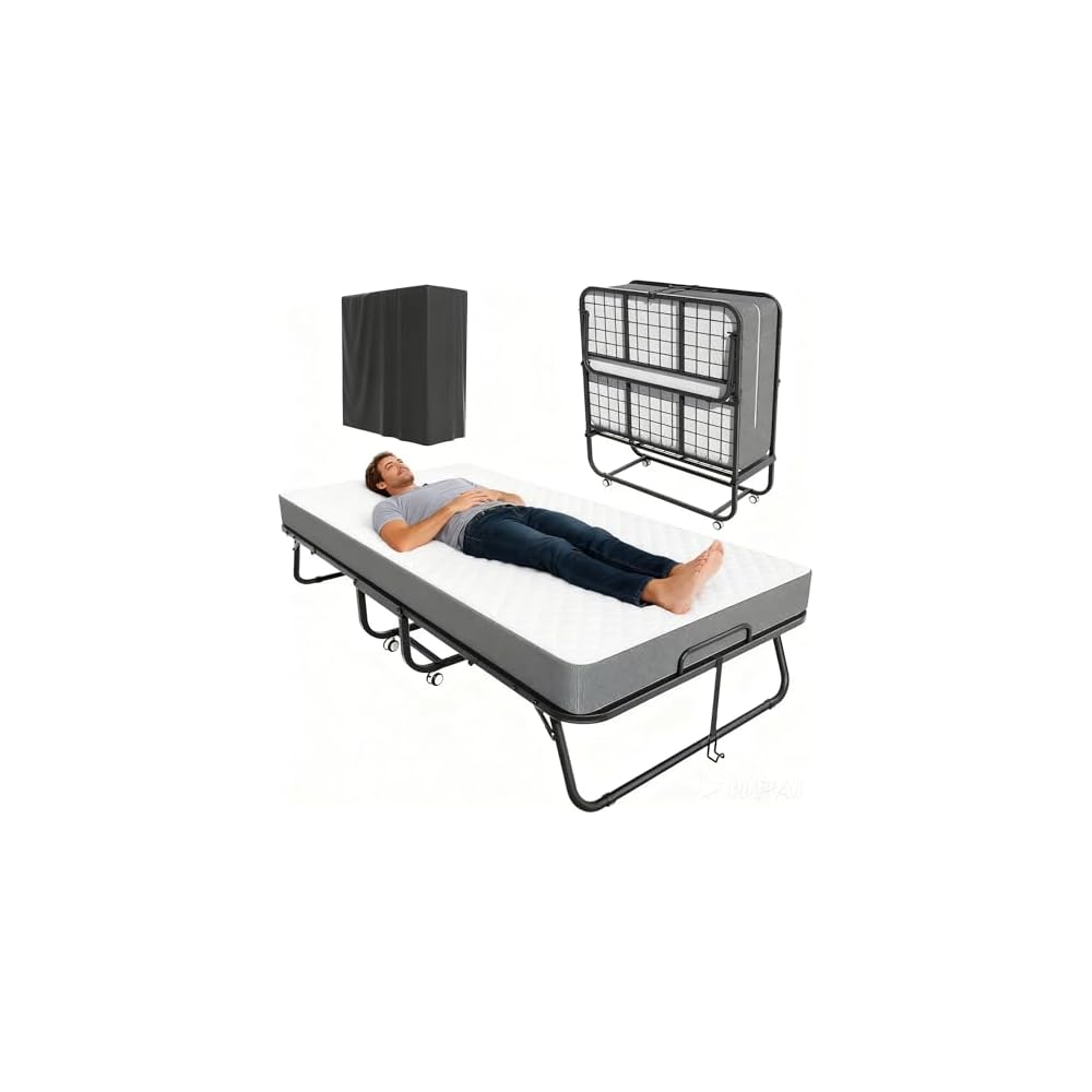 Pataku Folding Bed with Mattress, 75"x31" Roll Away Frame, 5" Memory Foam
