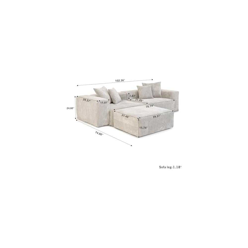 JACH Corduroy Modular Sectional Couch, Oversized Sectional Sofa with Chaise Ottoman, Cushion Covers Removable, Modern Deep 2-Seat Couches for Living Room, Office (Beige)