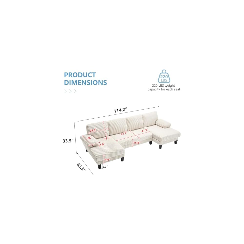 114" Cloud Couch Modular Sectional Sofa Convertible U-Shaped Couch with Double Chaise Lounge Corduroy Upholstery Sofa Double Cushions Deep Seat Sleeper Sofas Couches for Living Room White