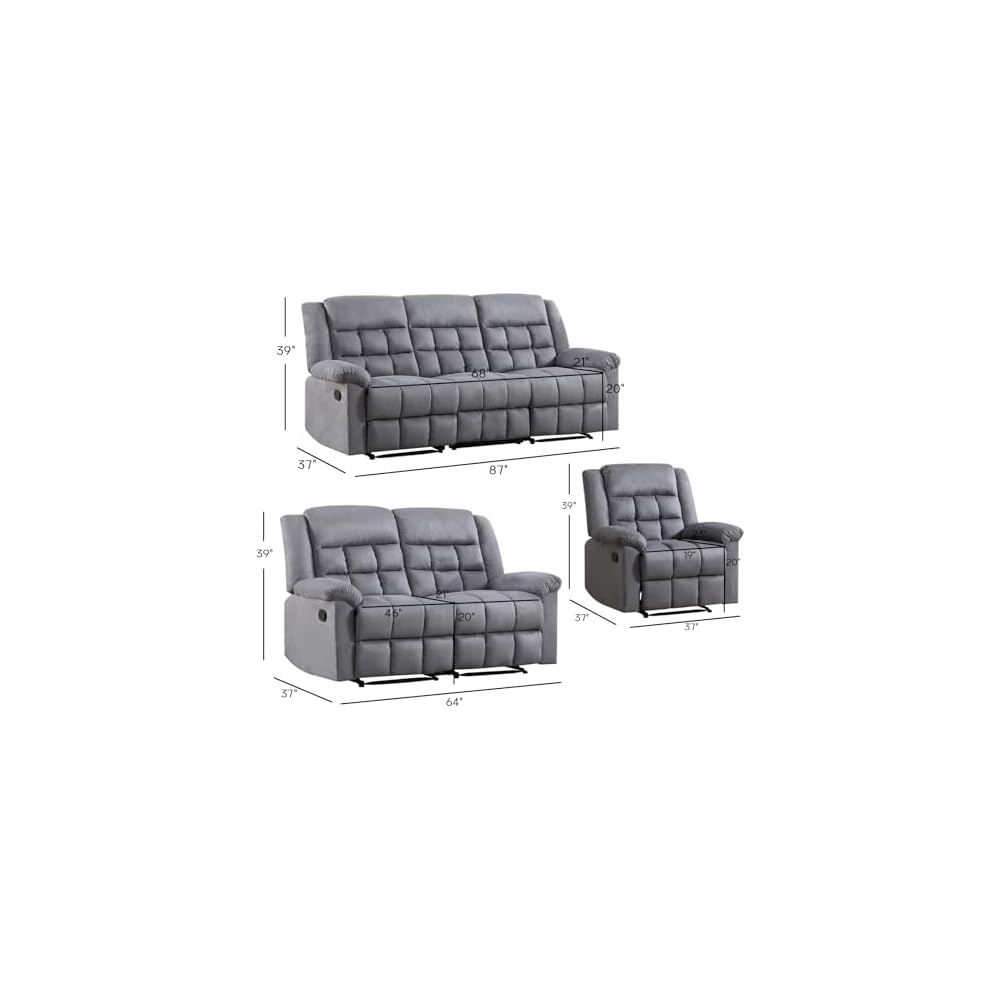 EBELLO Manual 3 Seater Reclining Sofa for Living Room, Soft Fabric Recliner Couch with Padded Headrest and Seat, Reclining Couch for Office, Grey(3-seat Sofa)