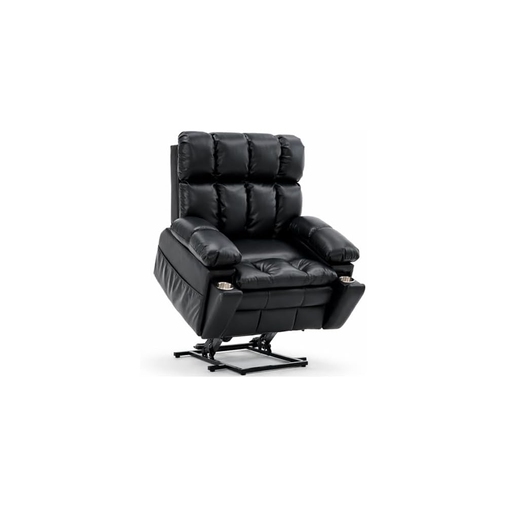 Lay Flat Recliner Lift Chair with Headrest,Infinite Positon Power Lift Recliner Chair for Elderly, Zero Gravity Leather Recliner with Extended Footrest, USB Type C, Cup Holders,Massage and Heat Brown