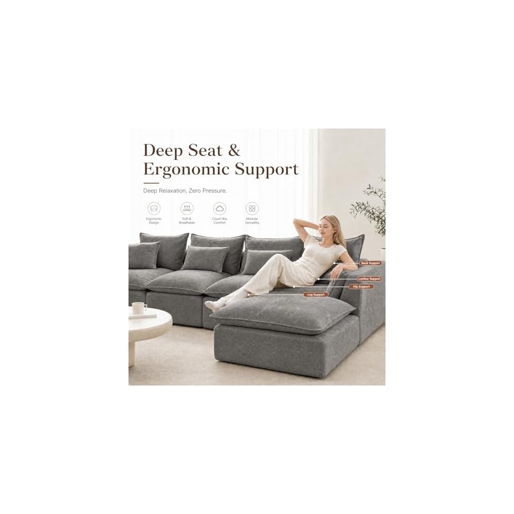 130" Modular Boneless Couch, Oversized U Shaped Sectional Sofa with Deep Seats, Comfy Frameless Cloud Couch in a Box for Living Room, Waffle Fabric 4-Seat + 2 Ottomans, Gray