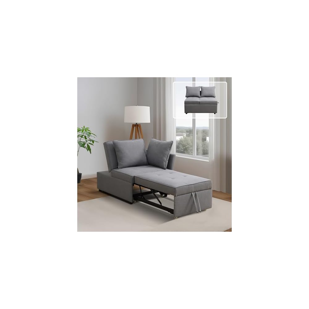 Sleeper Sofa, 4-in-1 Convertible Ottoman Couch Bed, Modern Sackcloth Futon Sofa Bed with 2 Pillows Adjustable Backrest, Recliner Folding Loveseat for Living Room, Apartment Dorm, Office,Grey