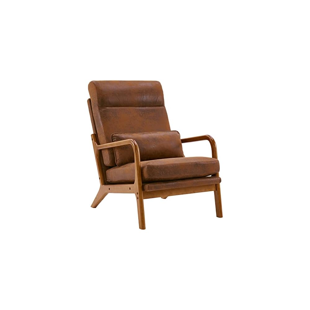 Mid Century Modern Accent Chair with High Back Waist Cushion, Upholstered Living Room Chairs for Reading, Relaxing, Entertaining, Wood Frame Armchair for Bedroom, Sunroom, Balcony (Pink)